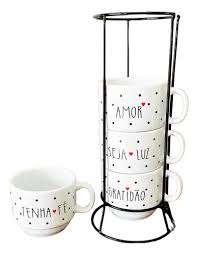 Jogo 4 Xícaras Café, Chá com Suporte.