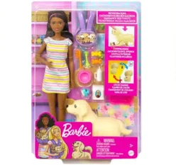 Boneca Barbie Morena Articulada Pets Cachorrinhos Recém-Nascidos