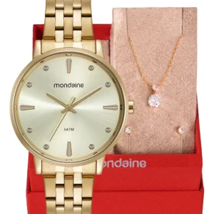 Kit Relógio Feminino  Mondaine Original Dourado Cristais