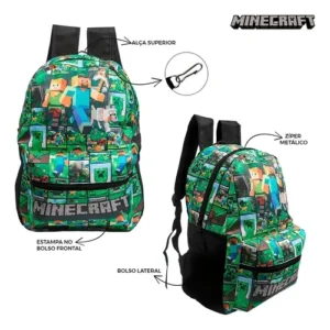 Mochila Minecraft infantil de lona escolar cor preto e verde 35L